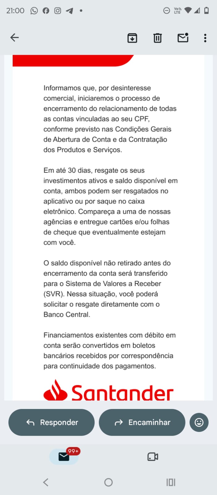 Notificação do Santander sobre o encerramento das contas vinculadas ao CPF